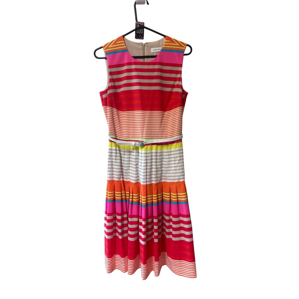 Calvin Klein Women's 2 Vibrant Multicolor Striped Sleeveless Pleated Midi Dress